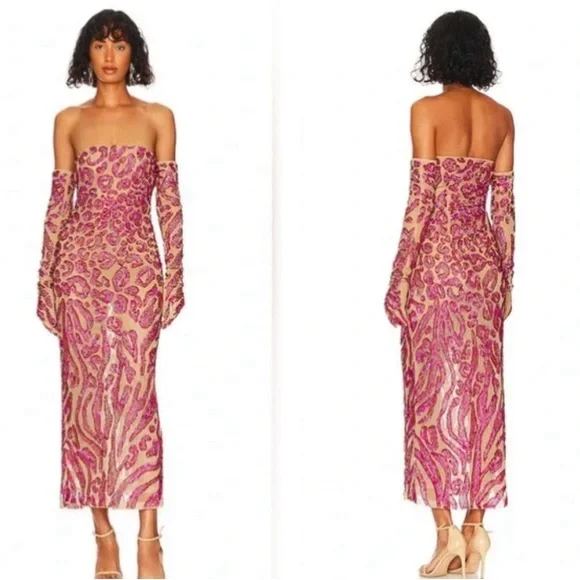 NBD by Revolve | Dresses | New Alayah Midi Dress In Hot Pink Sequinanimal  Pattern Strapless Gloves Size S | Poshmark